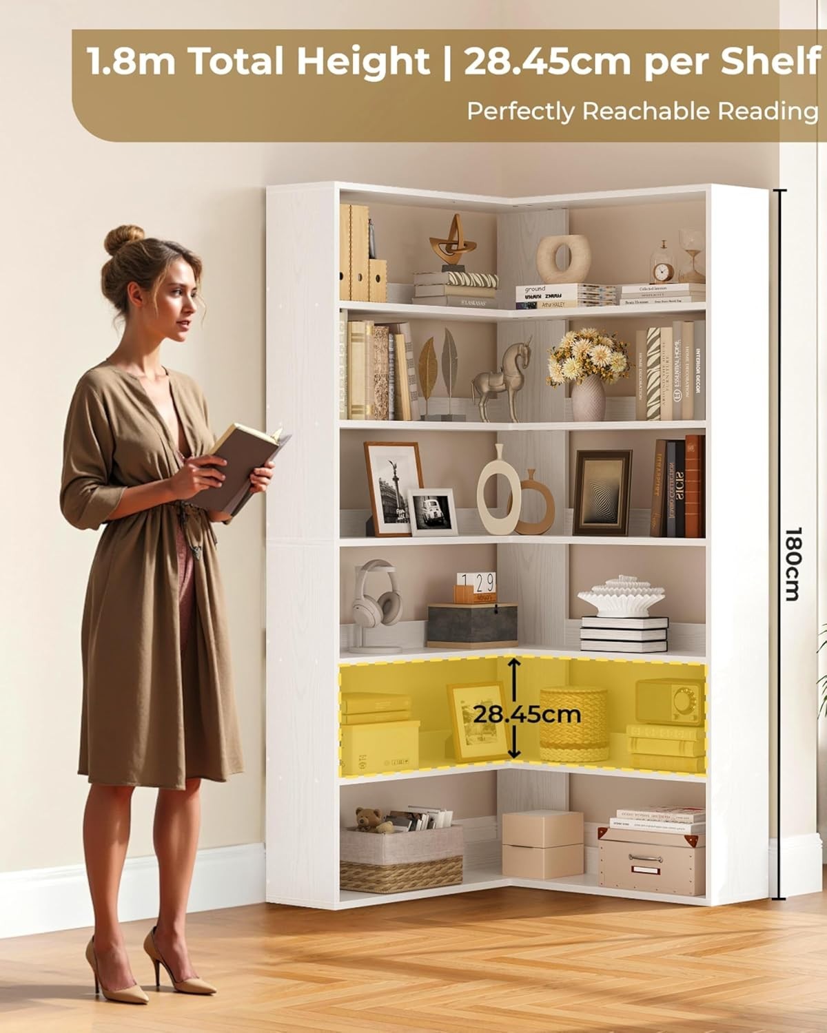 6-Tier Tall White Corner Bookshelf 180cm L-Shaped Storage Rack