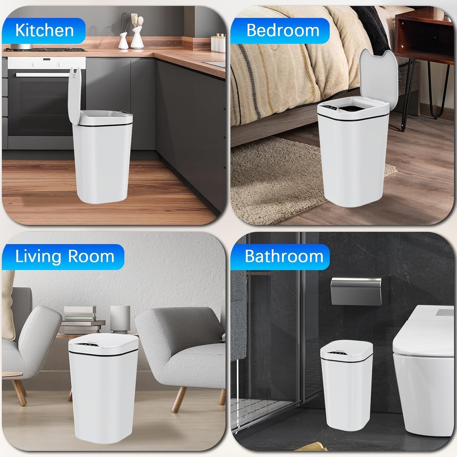 2 Pack 10L Touchless Bathroom Sensor Bins Slim Waterproof White