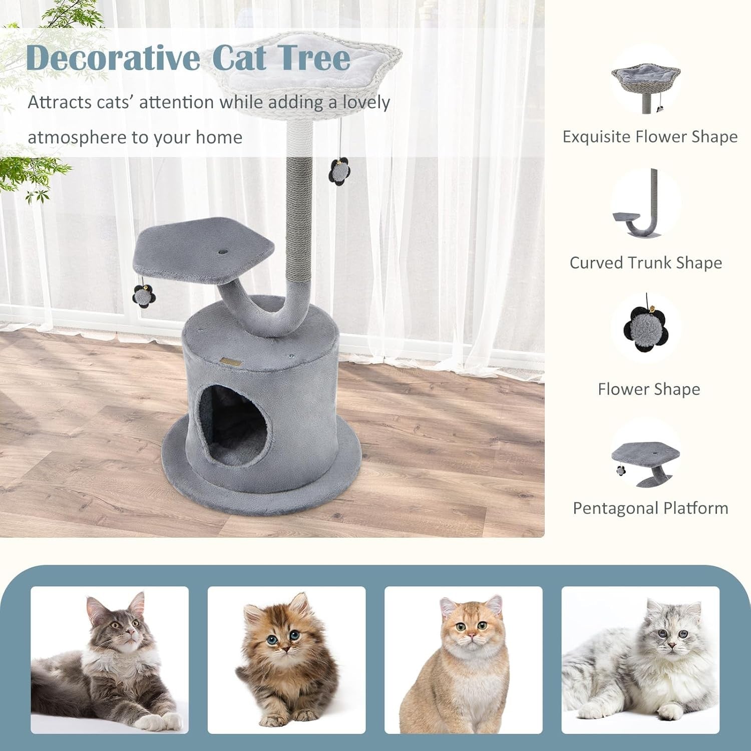 3 Tier Cat Tree Tower Grey Large Top Bed Condo Scratching Post Indoor Cats