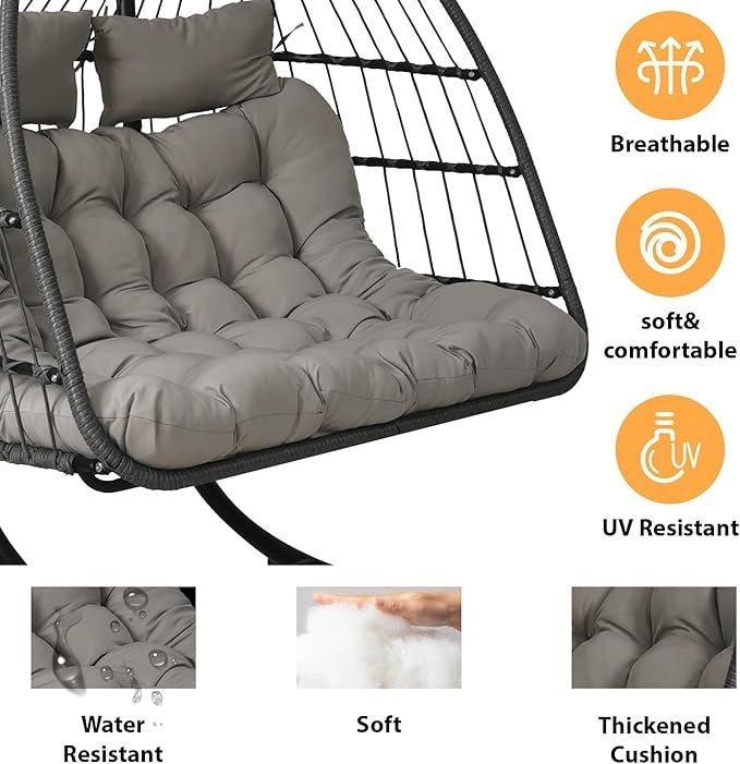 Double Egg Chair Rattan Hanging Swing w/ Stand & Cushions Indoor Outdoor 240kg