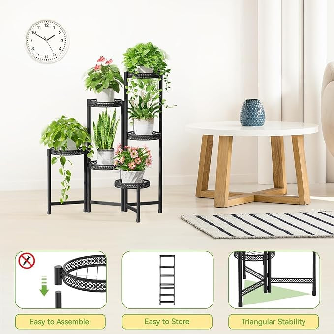 6 Tier Black Metal Plant Stand Indoor Outdoor Corner Tall Flower Display Rack