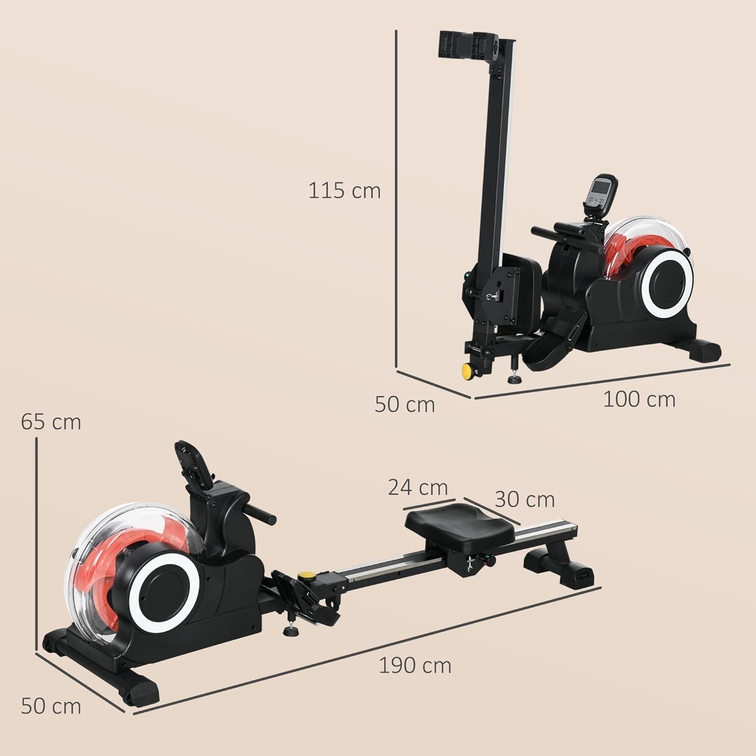 Foldable Water Rowing Machine 6-Level Resistance Quiet Rower LCD Home 120KG