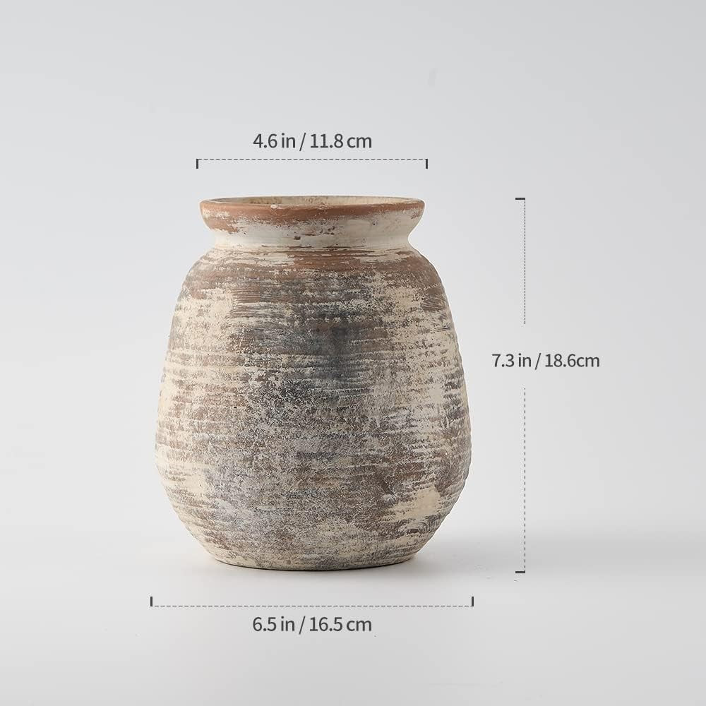 Rustic Terracotta Flower Vase 7.3in Whitewashed Ceramic Farmhouse Décor