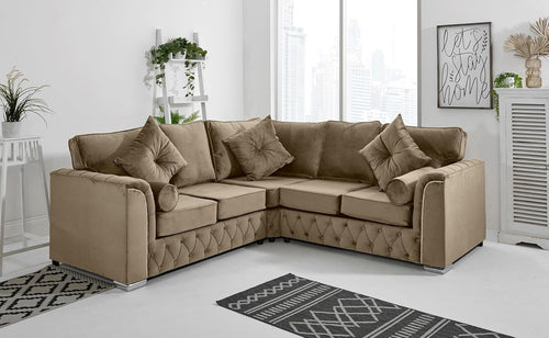 Mink Plush Velvet 5-Seater Corner Sofa – Fullback & Button Detail