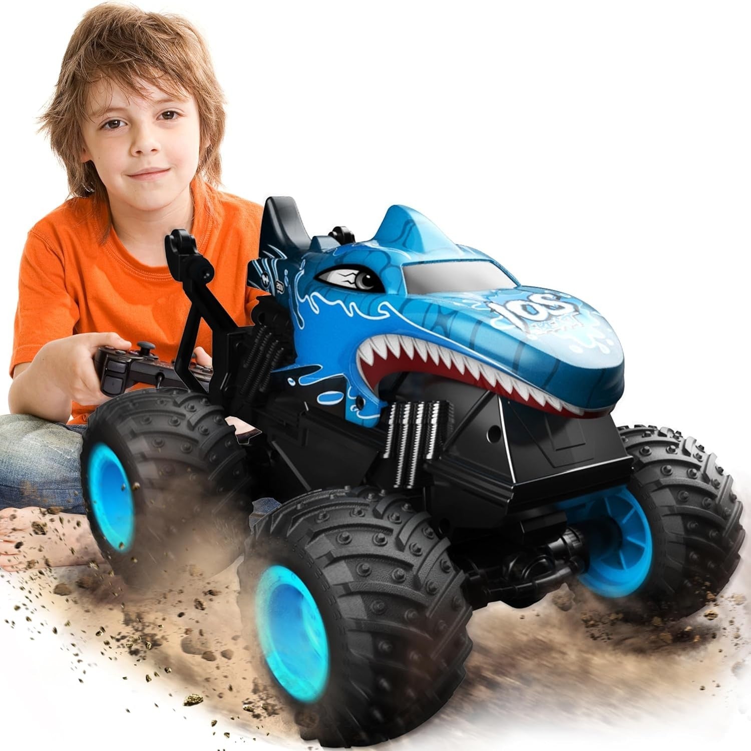 RC Monster Truck for Kids 3–8 – 360° Spin, LED Lights, Music & Wheelie Stunts