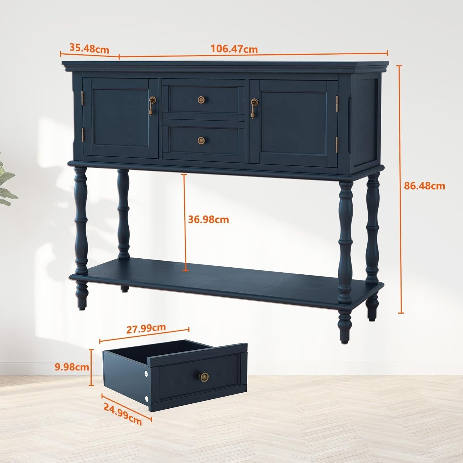 Retro Navy Blue Console Table with Storage Drawers & Shelf for Hallway