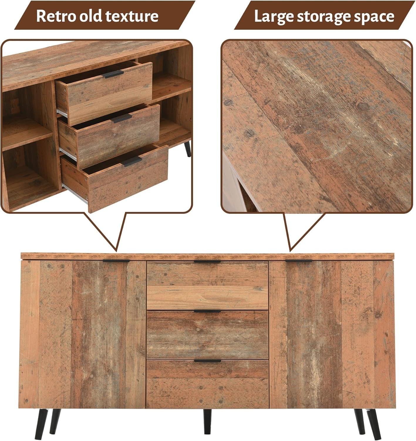 Rustic Sideboard Cabinet 2 Door 3 Drawer TV Unit Storage Adjustable Shelf