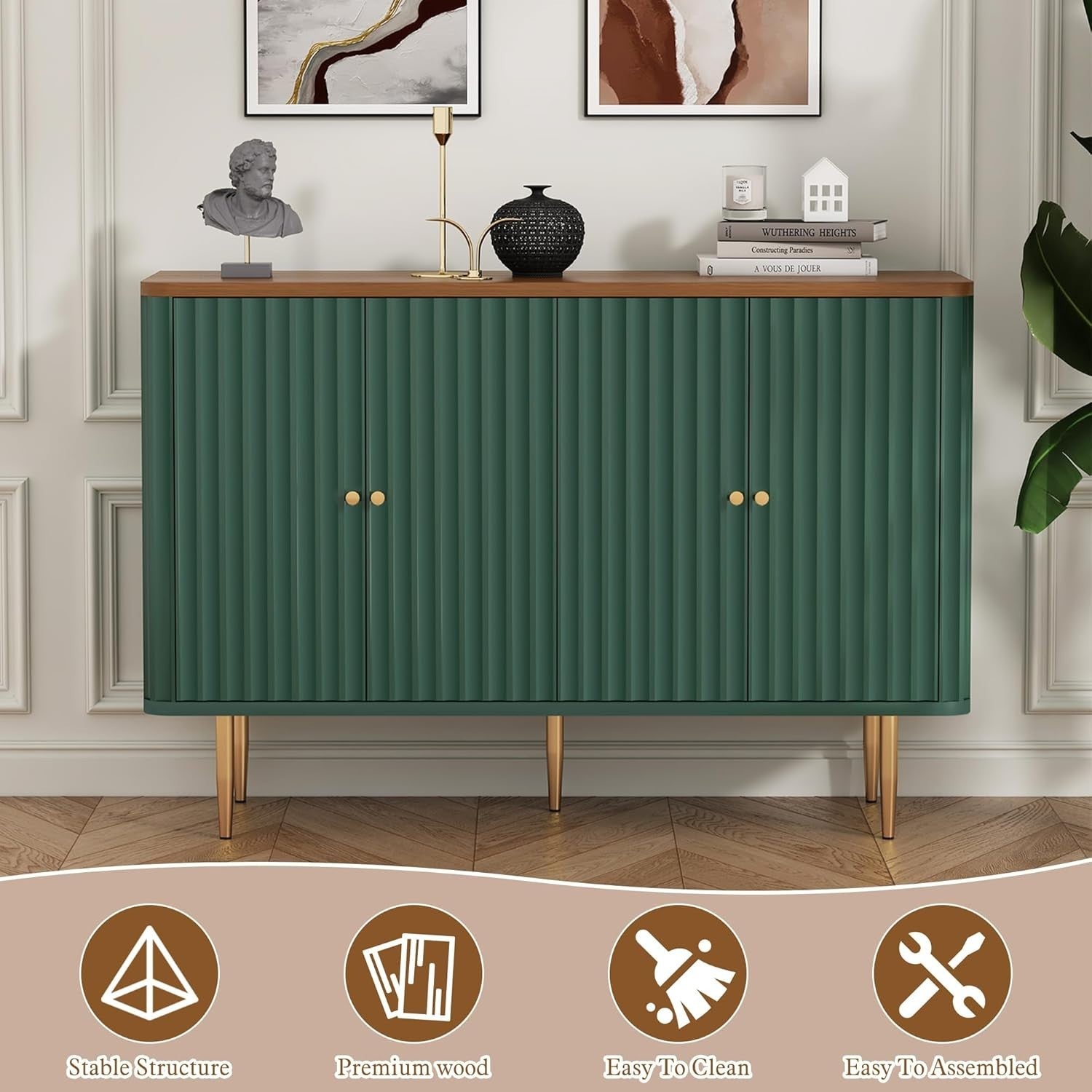 Modern 4-Door Sideboard Buffet Cabinet with Removable Shelves & Gold Legs