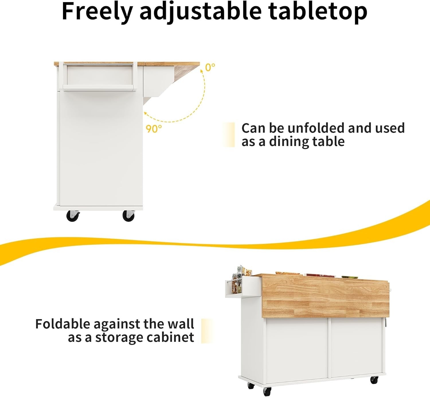 Kitchen Island Trolley on Wheels Expandable Top 2 Drawers Storage White