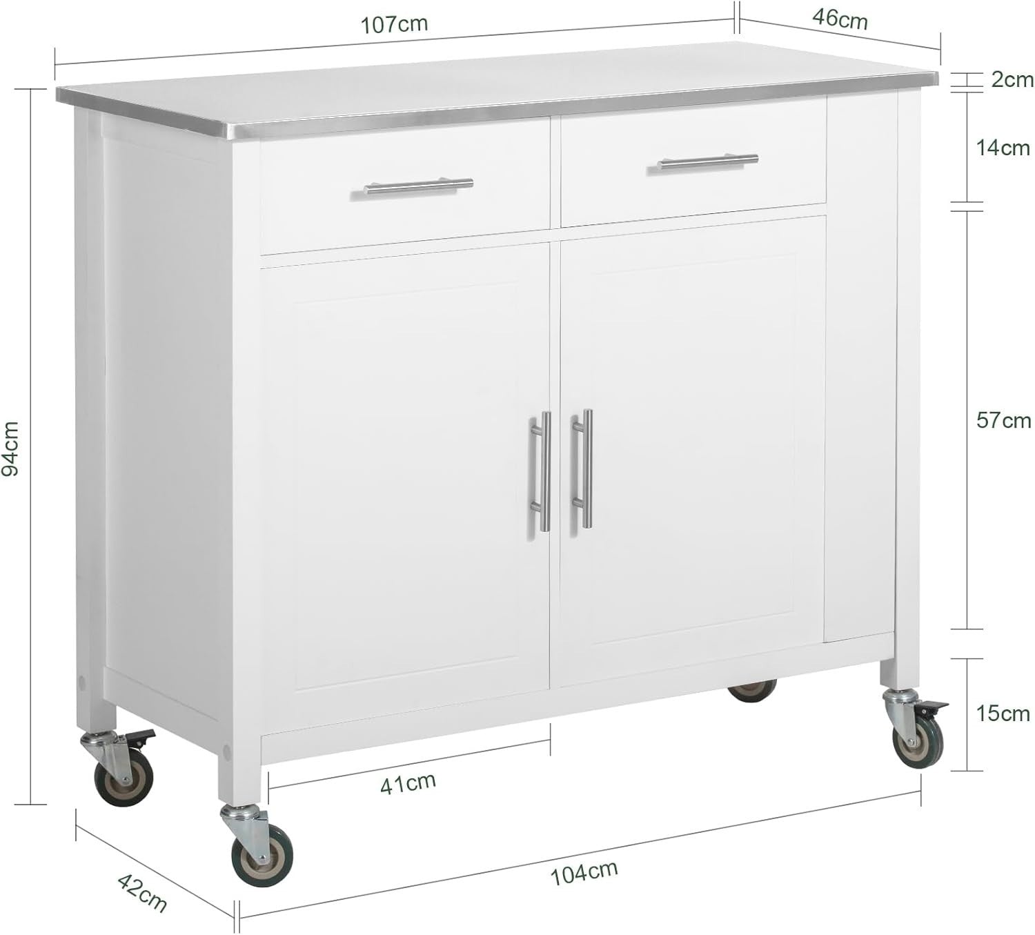 White Kitchen Island Trolley Cart with Drawers & Steel Top 107x46x94cm