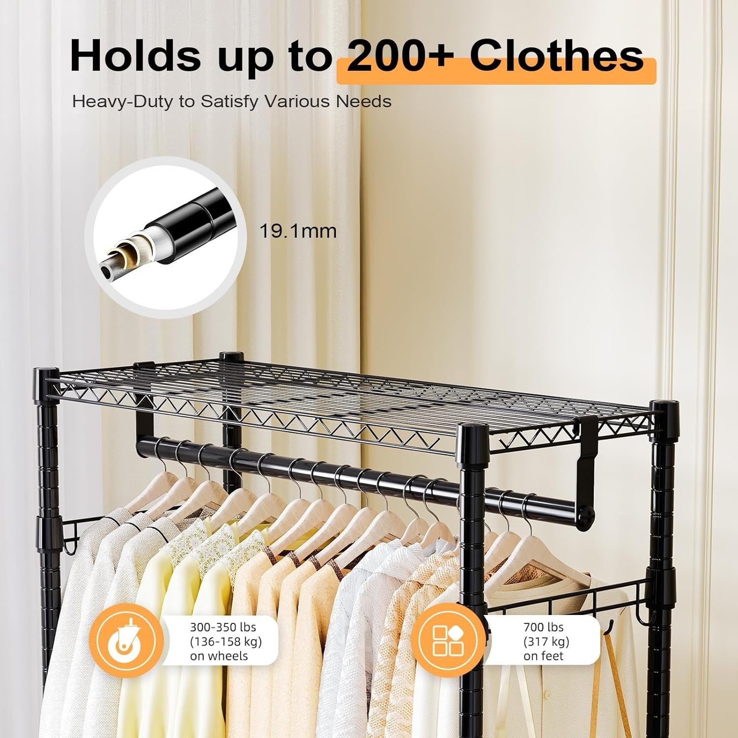 Heavy Duty Black Garment Rack – 3 Tier, 2 Rods, 189cm with Wheels
