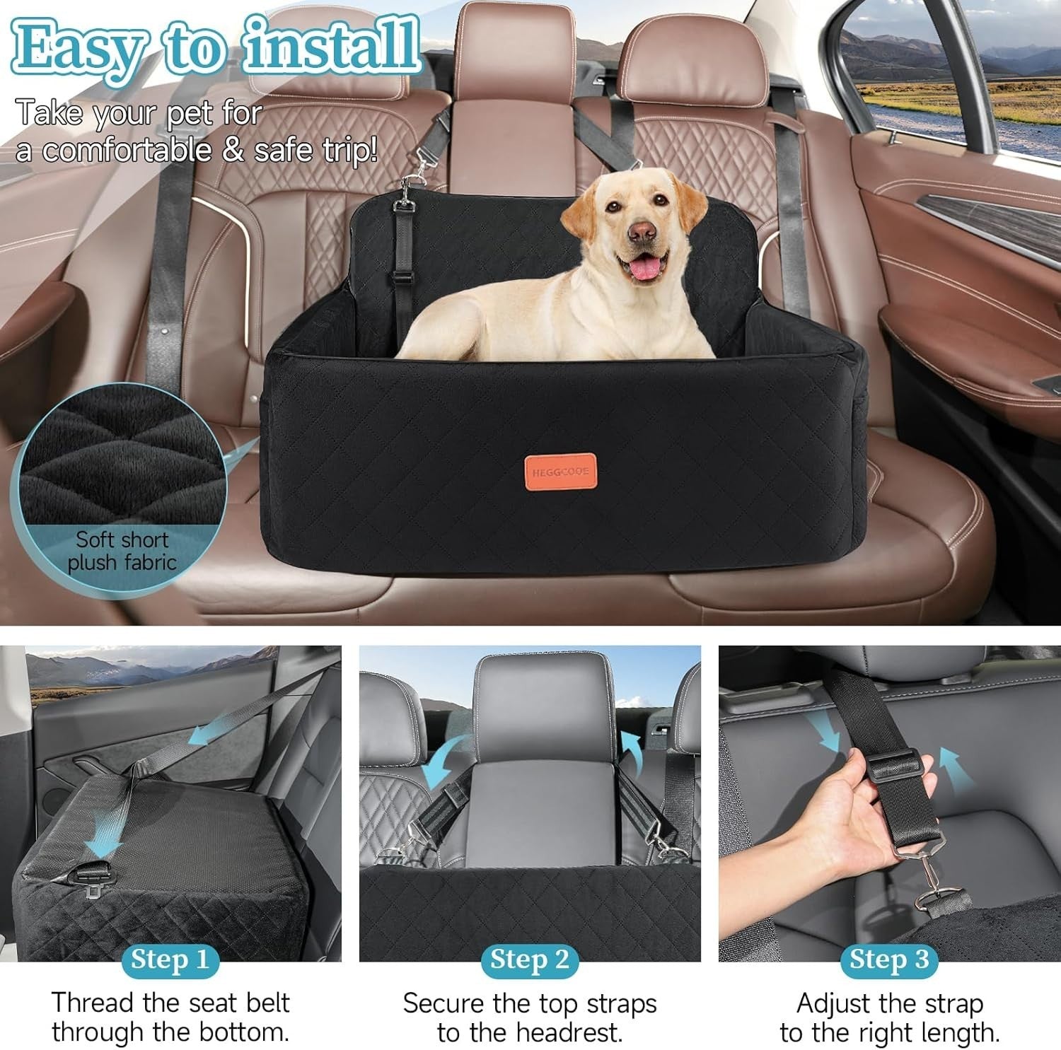 Large Dog Booster Car Seat Washable Travel Bed 55lb Black Backseat