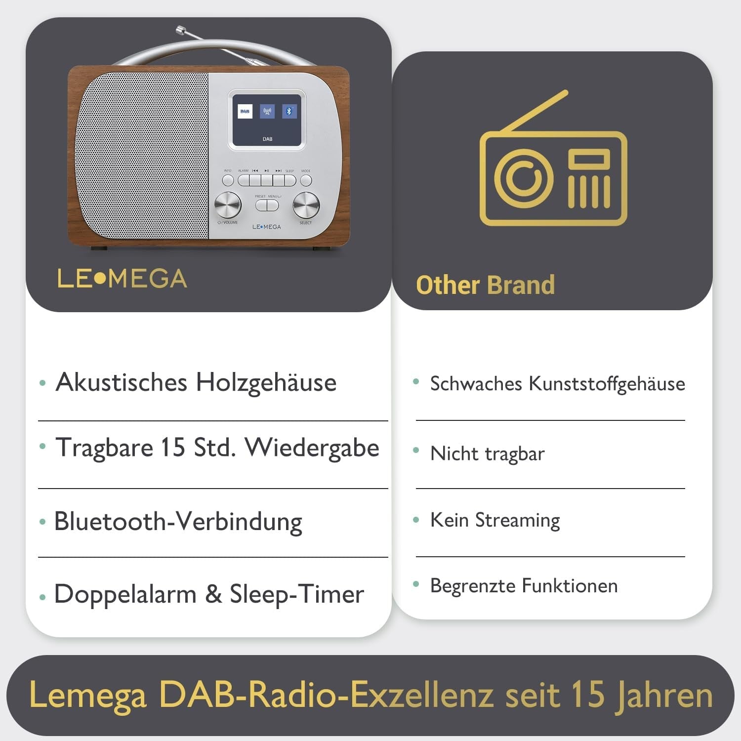 DAB DAB+ FM Digital Radio Bluetooth Speaker Alarm Walnut Portable