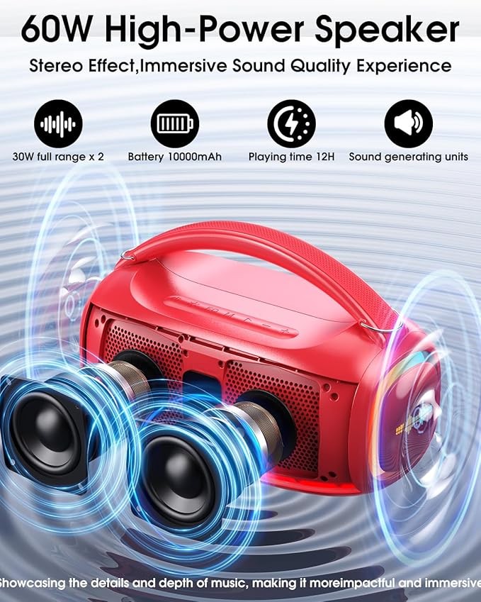 60W Portable Karaoke Machine with 2 Wireless Mics & LED Party Lights