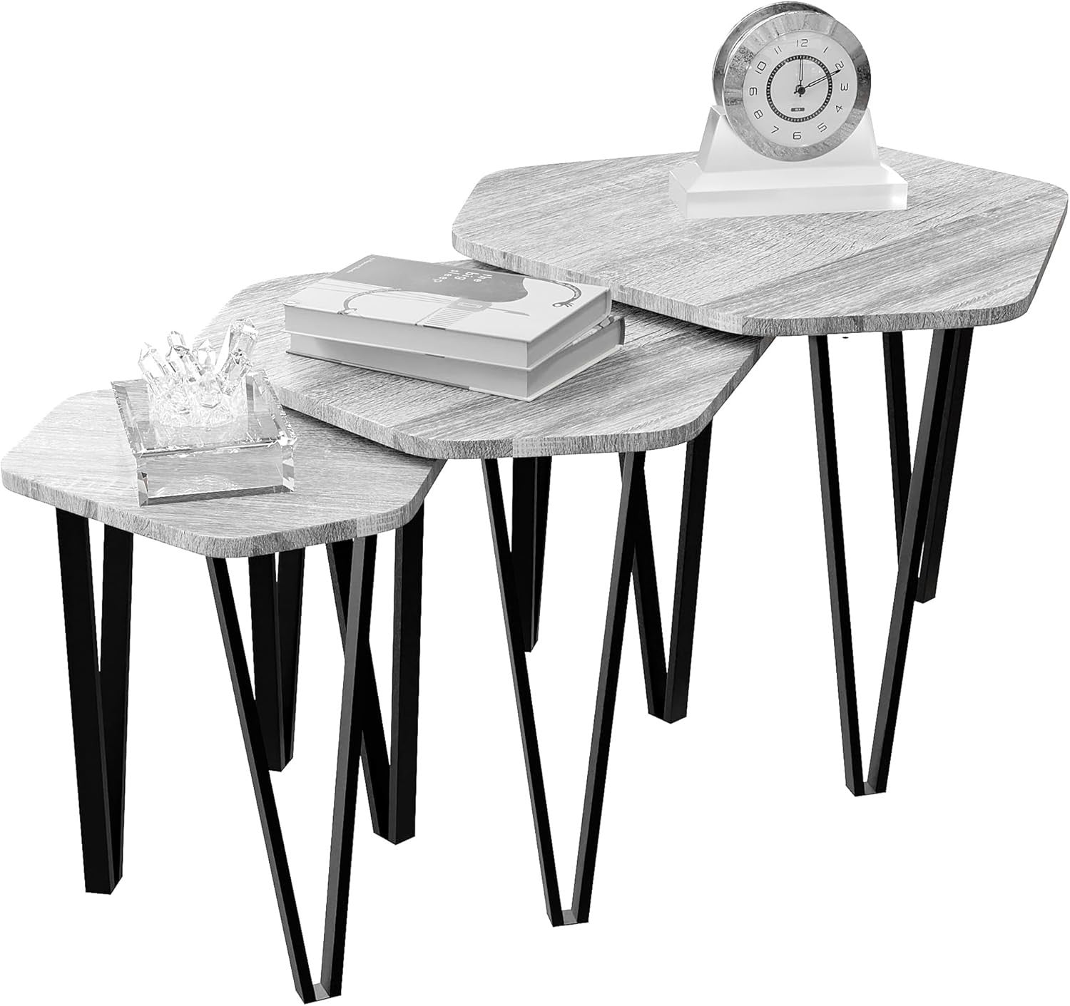 3 Nesting Coffee Tables Set of 3 Industrial Hexagonal End Side Metal Wood Grey