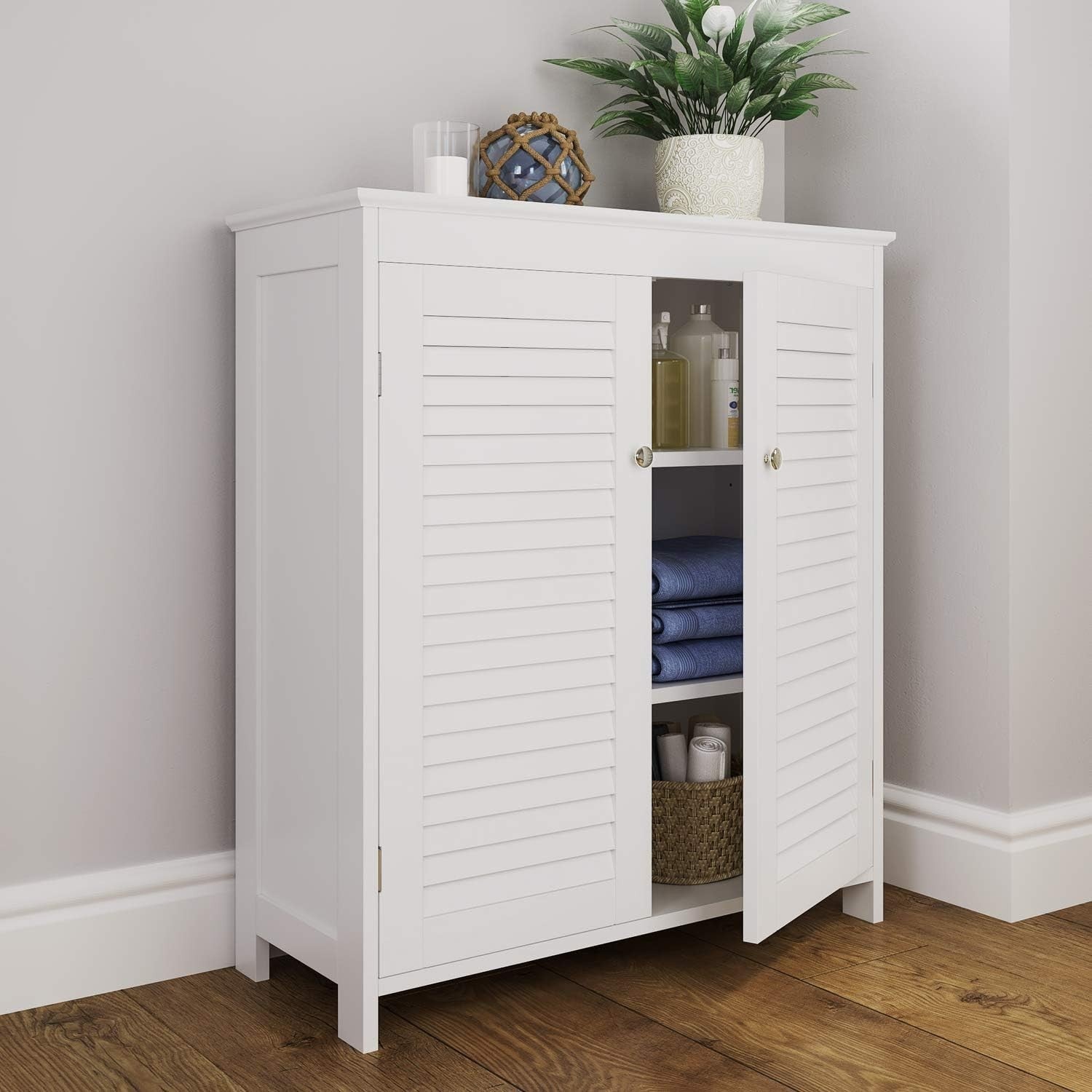 Two-Door Bathroom Floor Cabinet with Adjustable Shelves, Anti-Tip, White