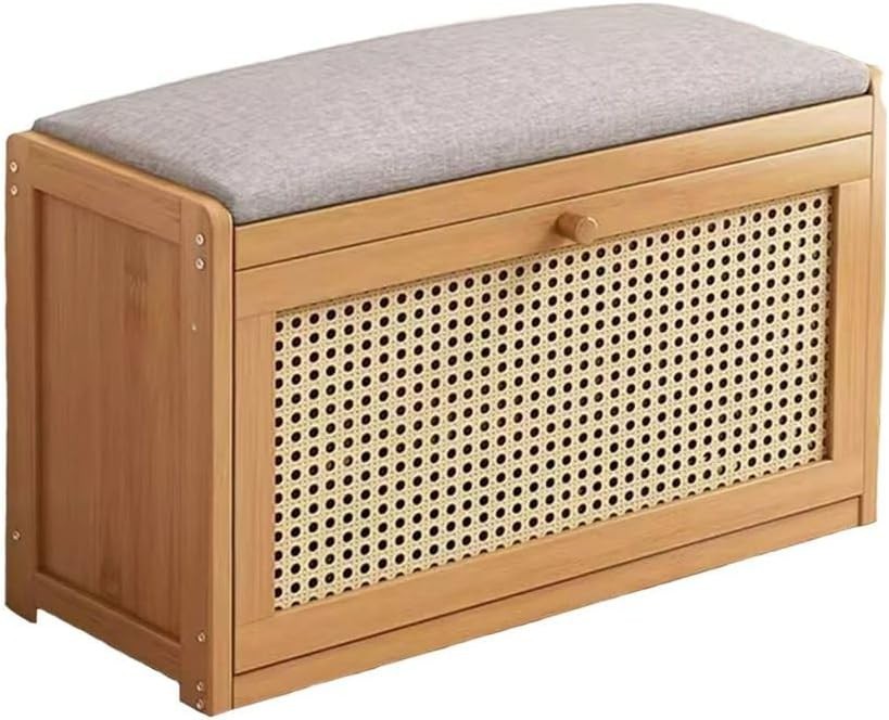 Narrow Shoe Bench 2-Tier Rattan Door Storage Seat Organiser 50cm Entryway