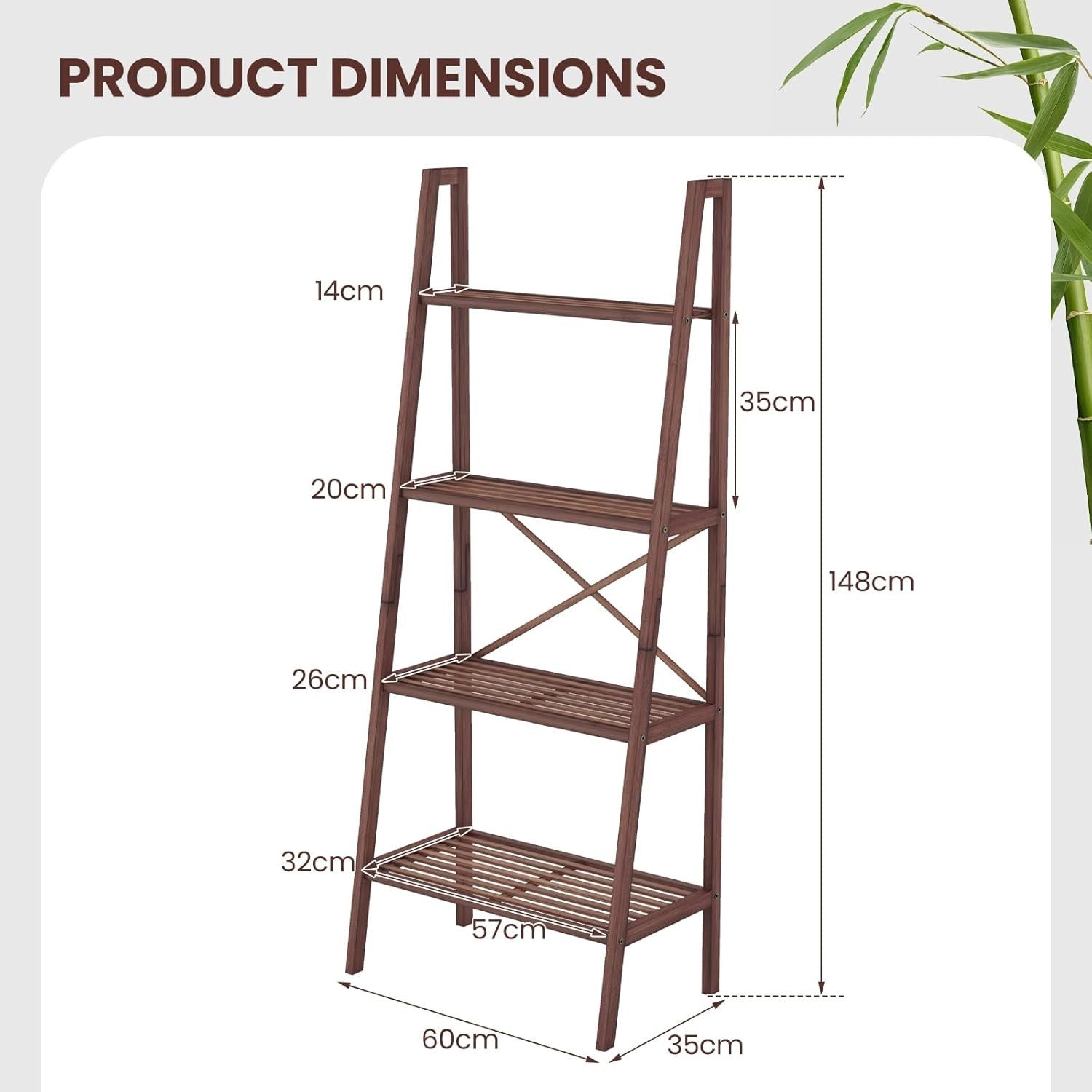 4 Tier Bamboo Ladder Bookshelf Freestanding Display Storage Shelf Walnut
