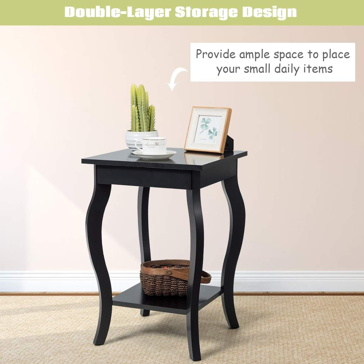 Black 2-Tier Bedside Table with Open Storage Shelf – Modern Wooden Side Table 40