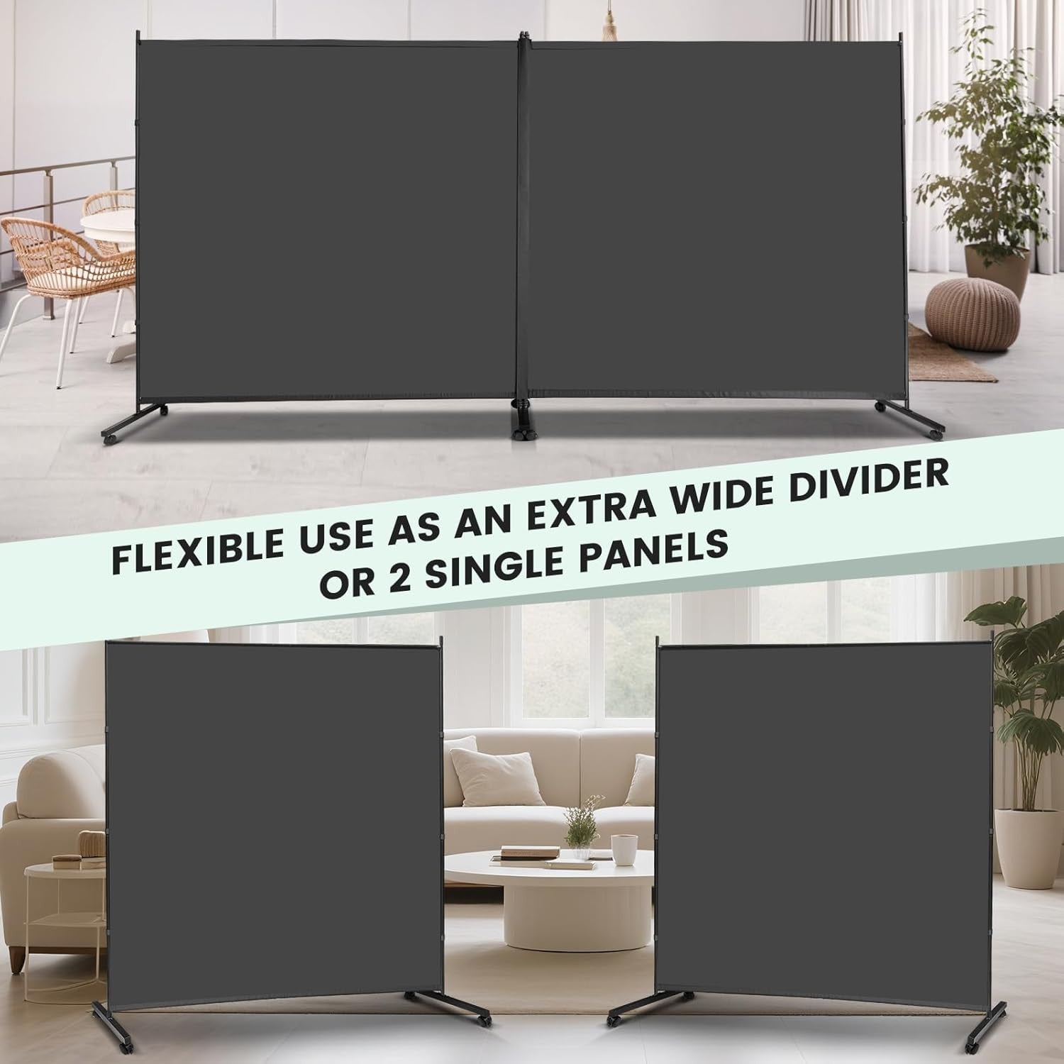 2 Panel Room Divider with Wheels Large Freestanding Privacy Screen 360x190cm