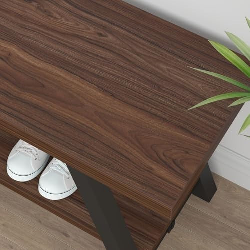 Walnut Industrial Entryway Storage Bench Metal Frame Shoe Rack Seat for Hallway