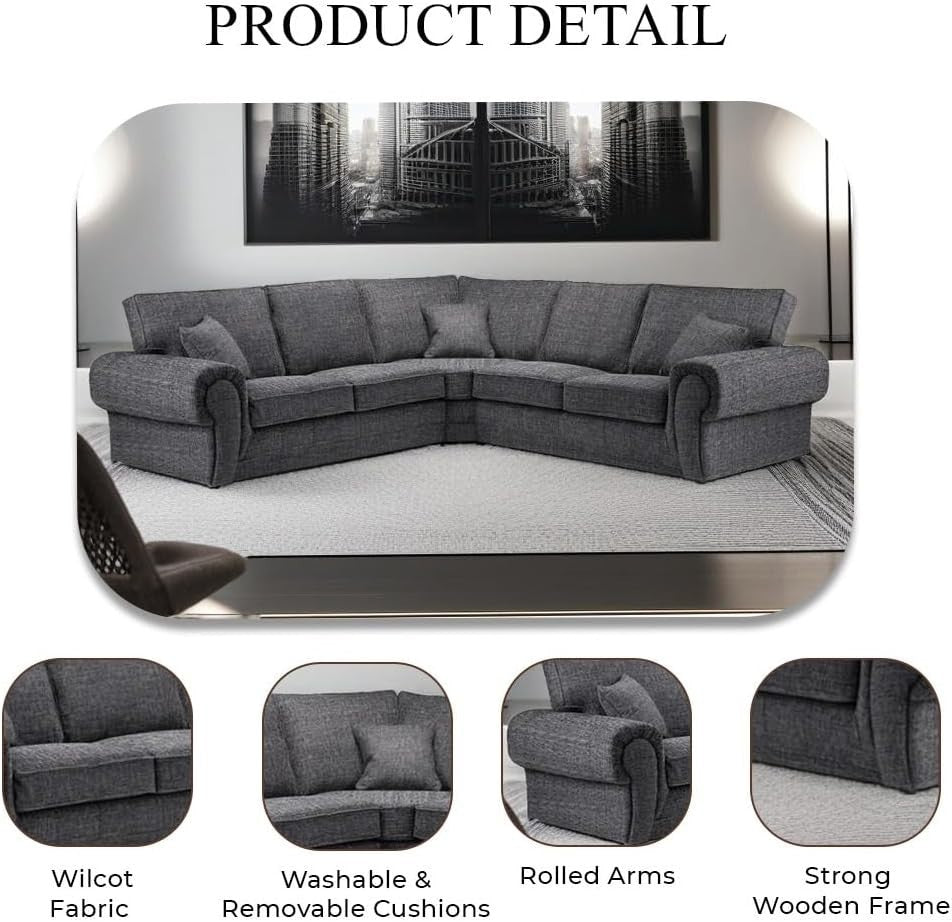 Grey 2C2 Corner Sofa 5 Seater – High Back Chesterfield L Shaped Couch