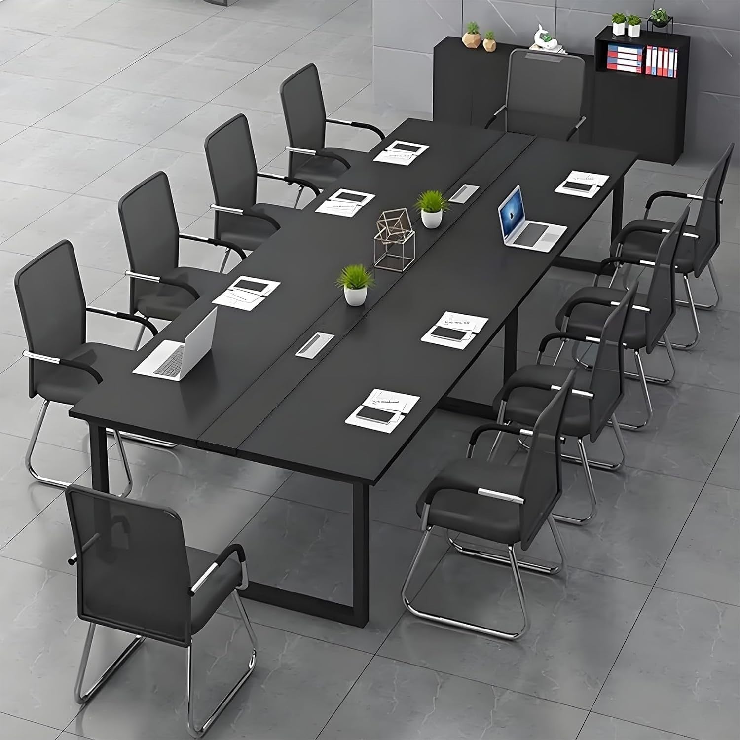 180x80cm Black Office Conference Table w/ Cable Ports & Leveling Feet