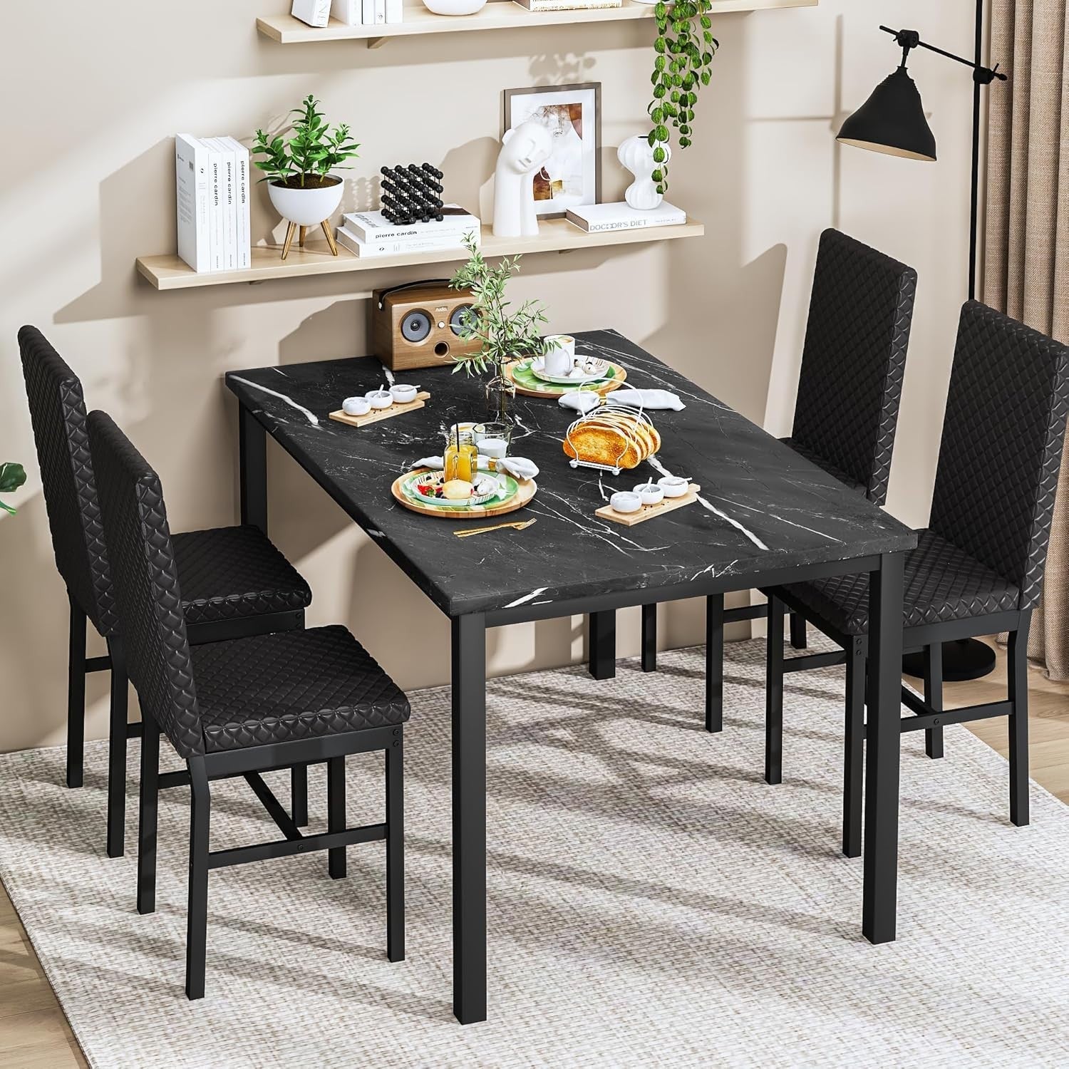 5-Piece Dining Table & 4 Chairs, Faux Marble Top, Modern Kitchen Set, Black