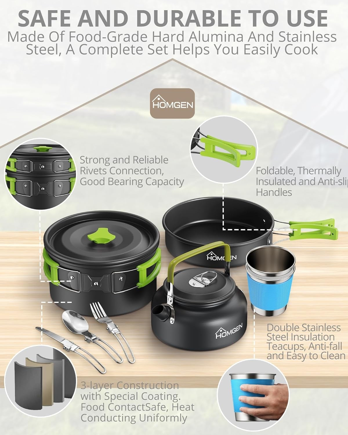 Green Camping Cookware Set with Pot Frying Pan, Kettle & Utensils for 2–3 People