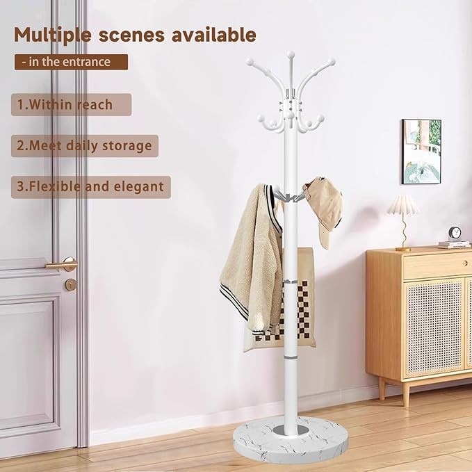White Metal Coat Rack with Marble Base 360° Rotating Hooks Freestanding Stand