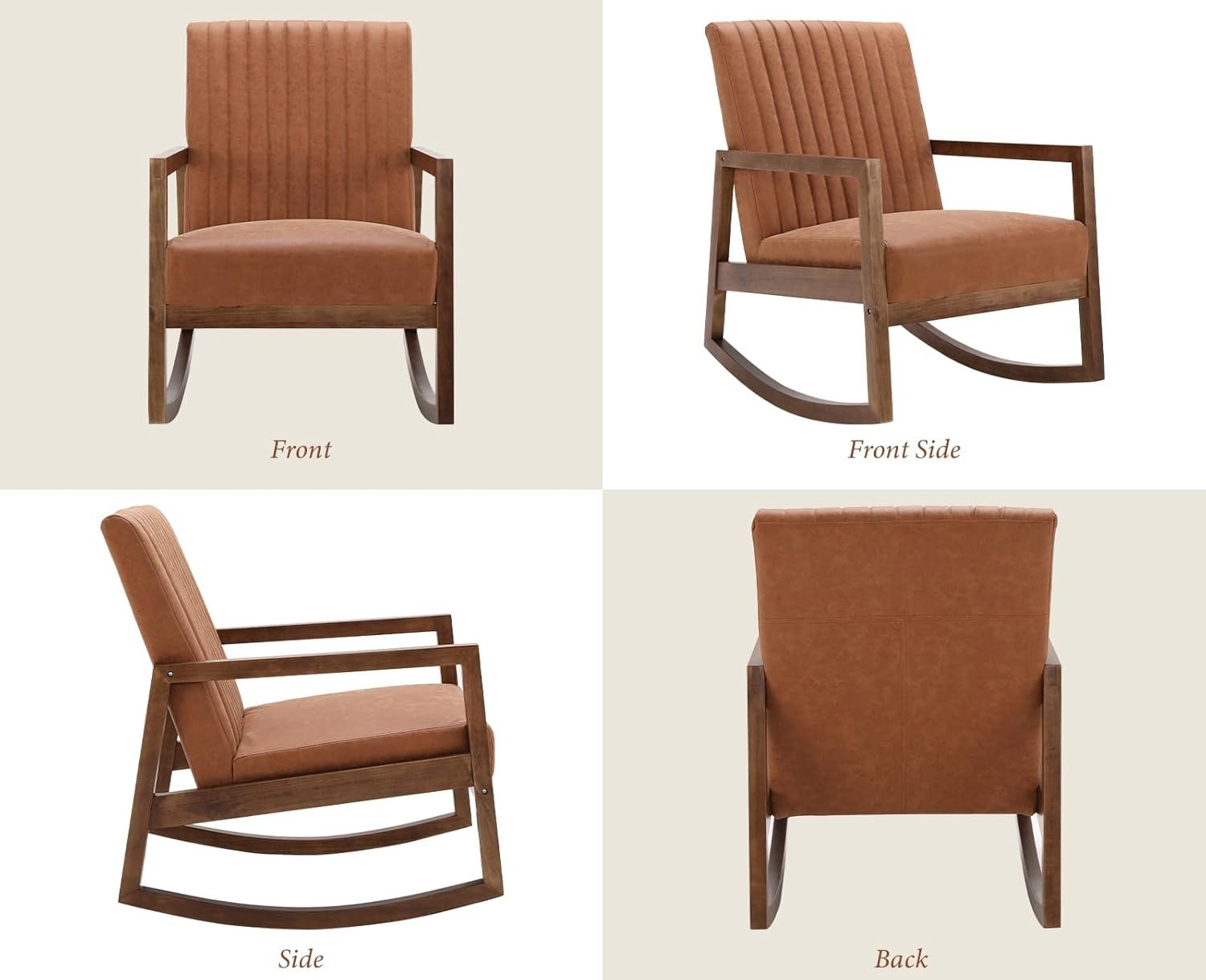 Cozy PU Leather Rocking Chair with Wood Frame, Quilted Backrest