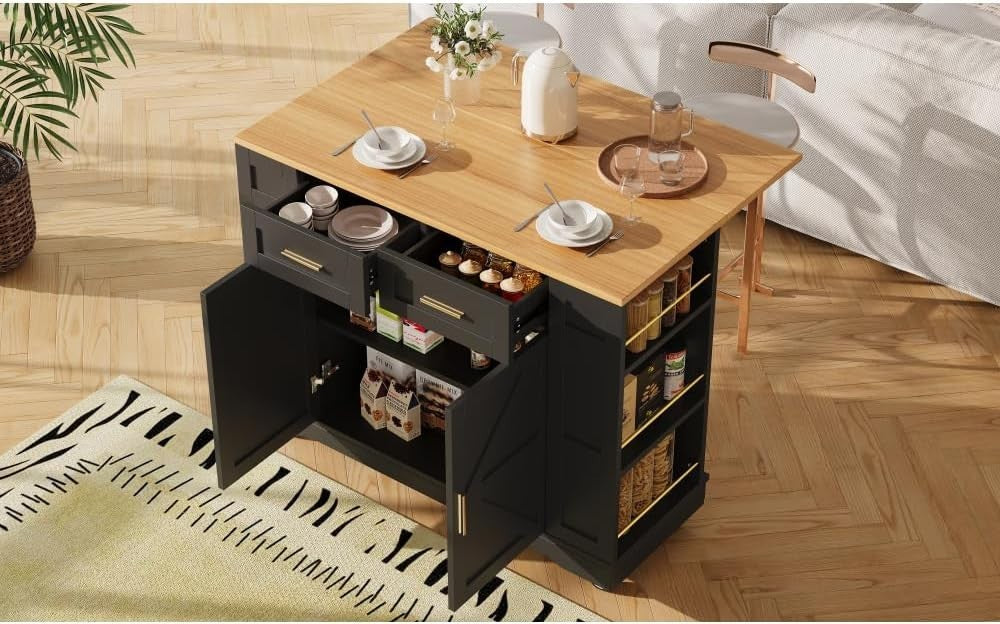 Rolling Kitchen Island Cart with Foldable Worktop, 2 Drawers & Storage Racks