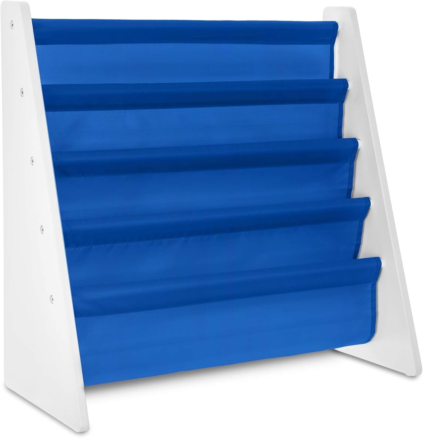 Kids Blue Sling Bookshelf – 4-Tier Wooden Book Storage with Nylon Fabric Shelves