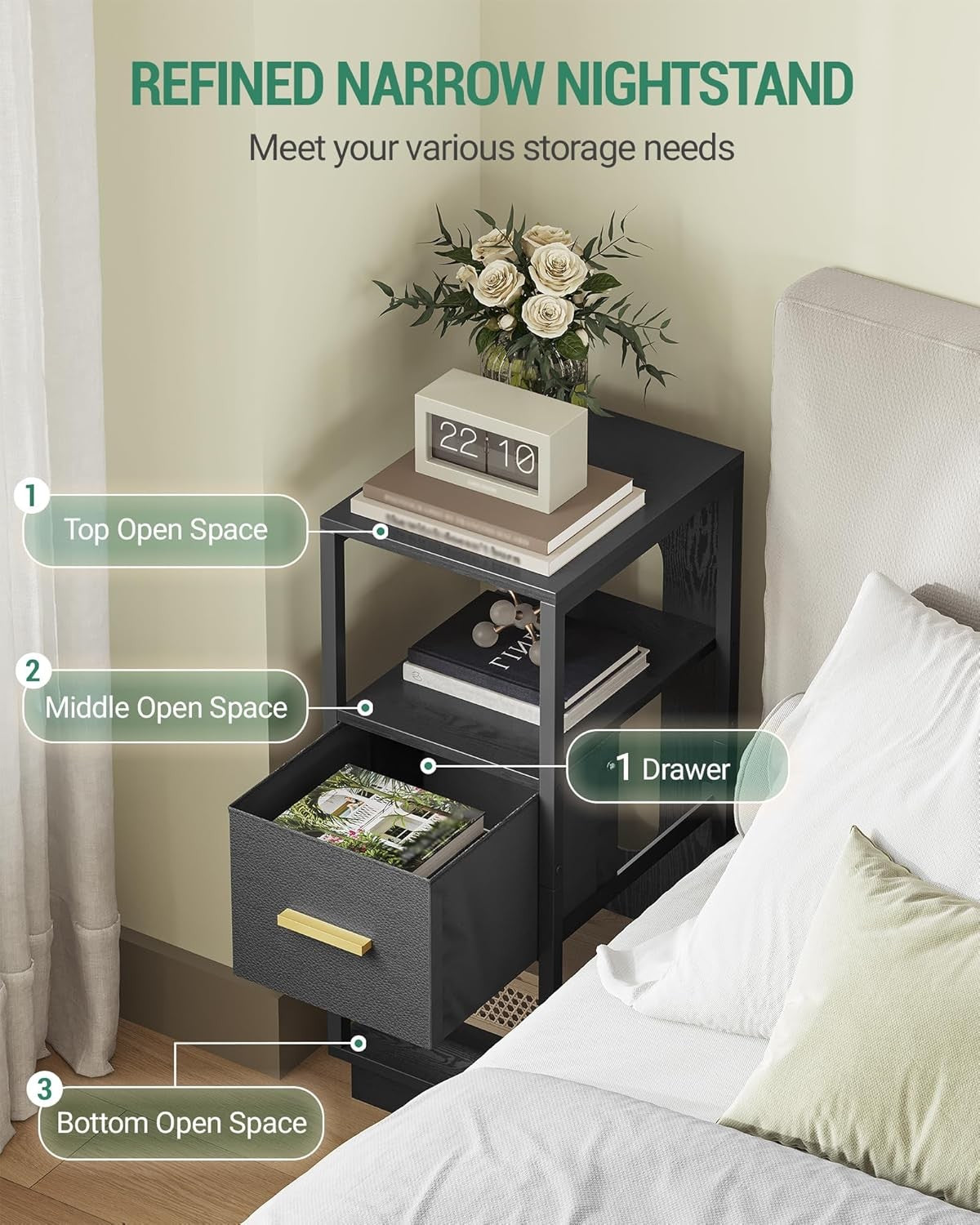 Set of 2 Slim Black Bedside Tables – Modern Narrow Nightstands with Drawer & She