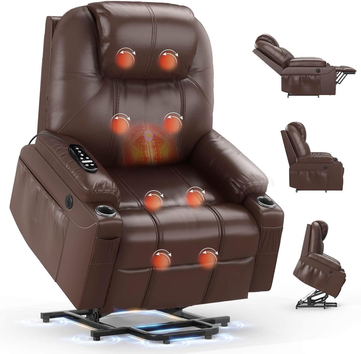 Power Lift Recliner Chair Massage Heat USB Type-C Cup Holders Faux Leather Brown