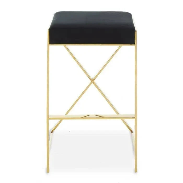 Black Velvet Bar Stool Gold Steel Frame Modern X-Leg Breakfast Chair