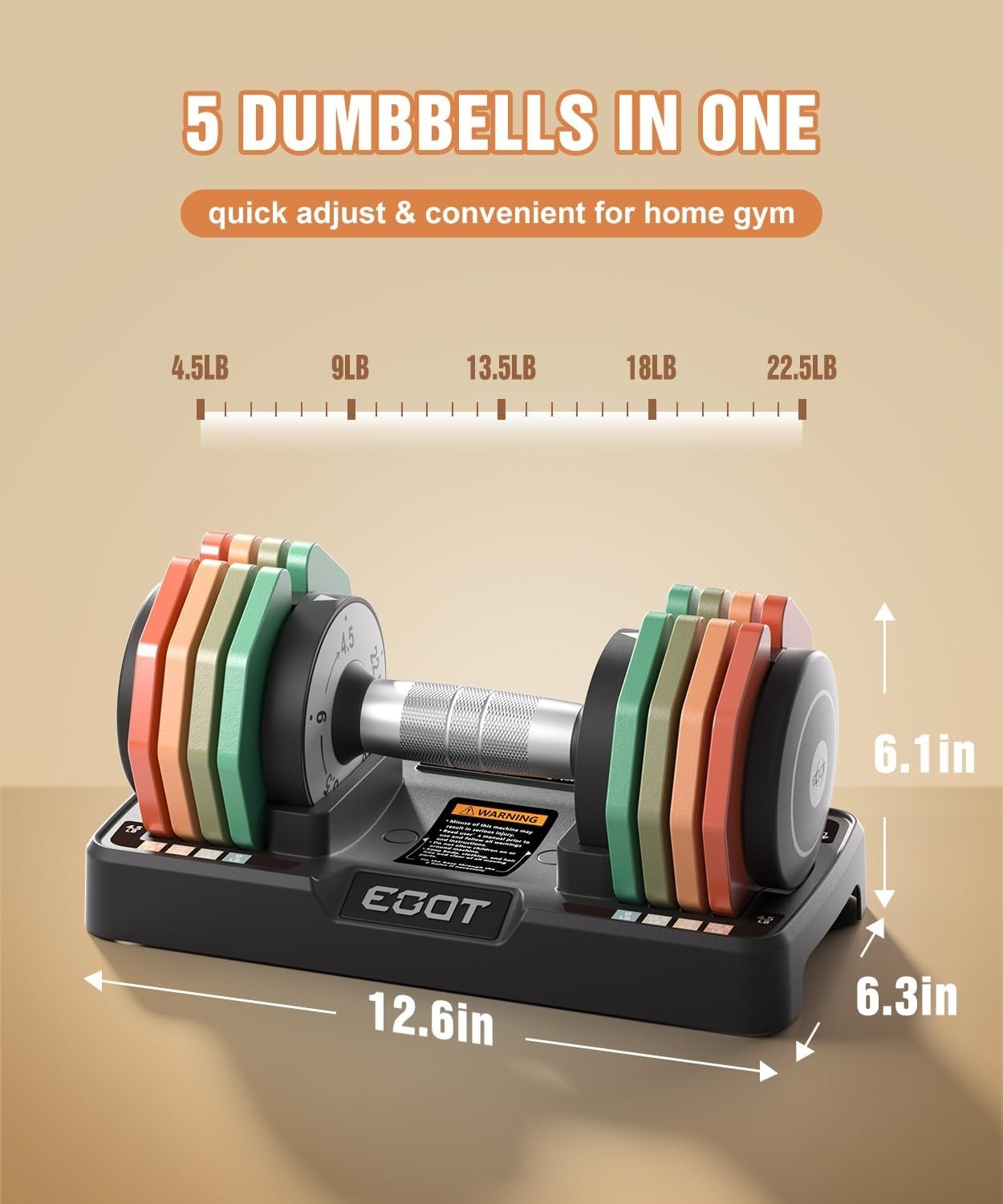 5-in-1 Adjustable Dumbbells Pair 10.2KG Rainbow Plates Non-Slip Home Gym