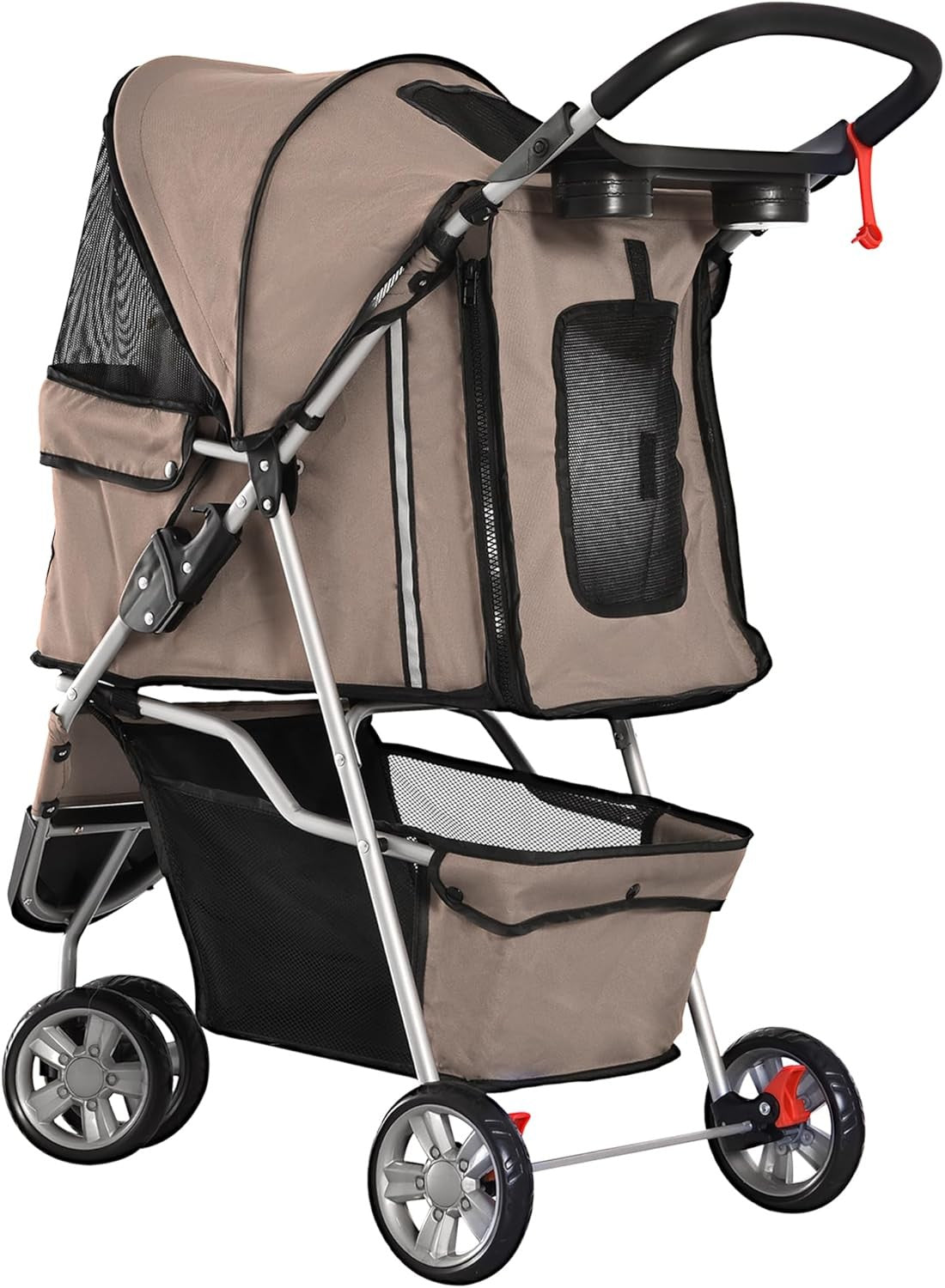 3 Wheel Pet Stroller Folding Dog Cat Pram Cup Holder Storage Basket