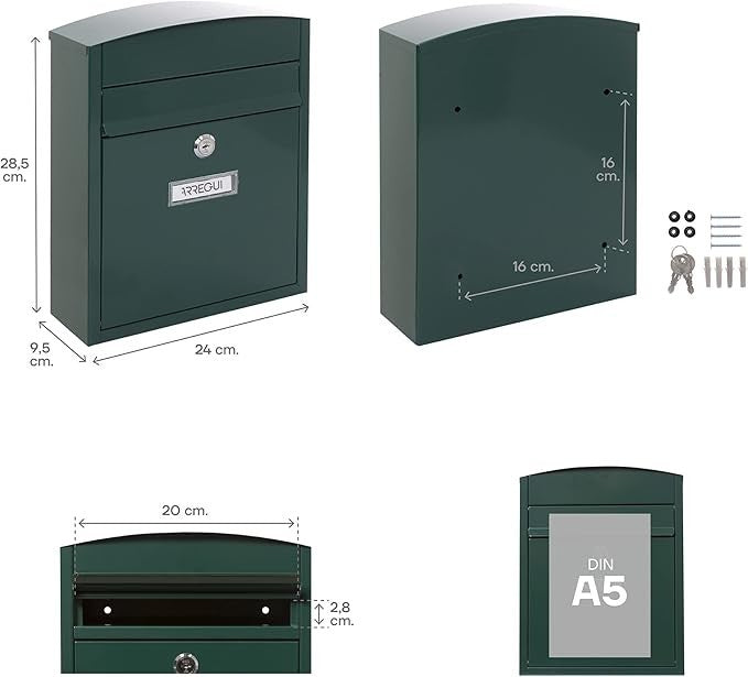 Lockable Wall Mounted Mailbox Green Steel Compact Waterproof Post Box