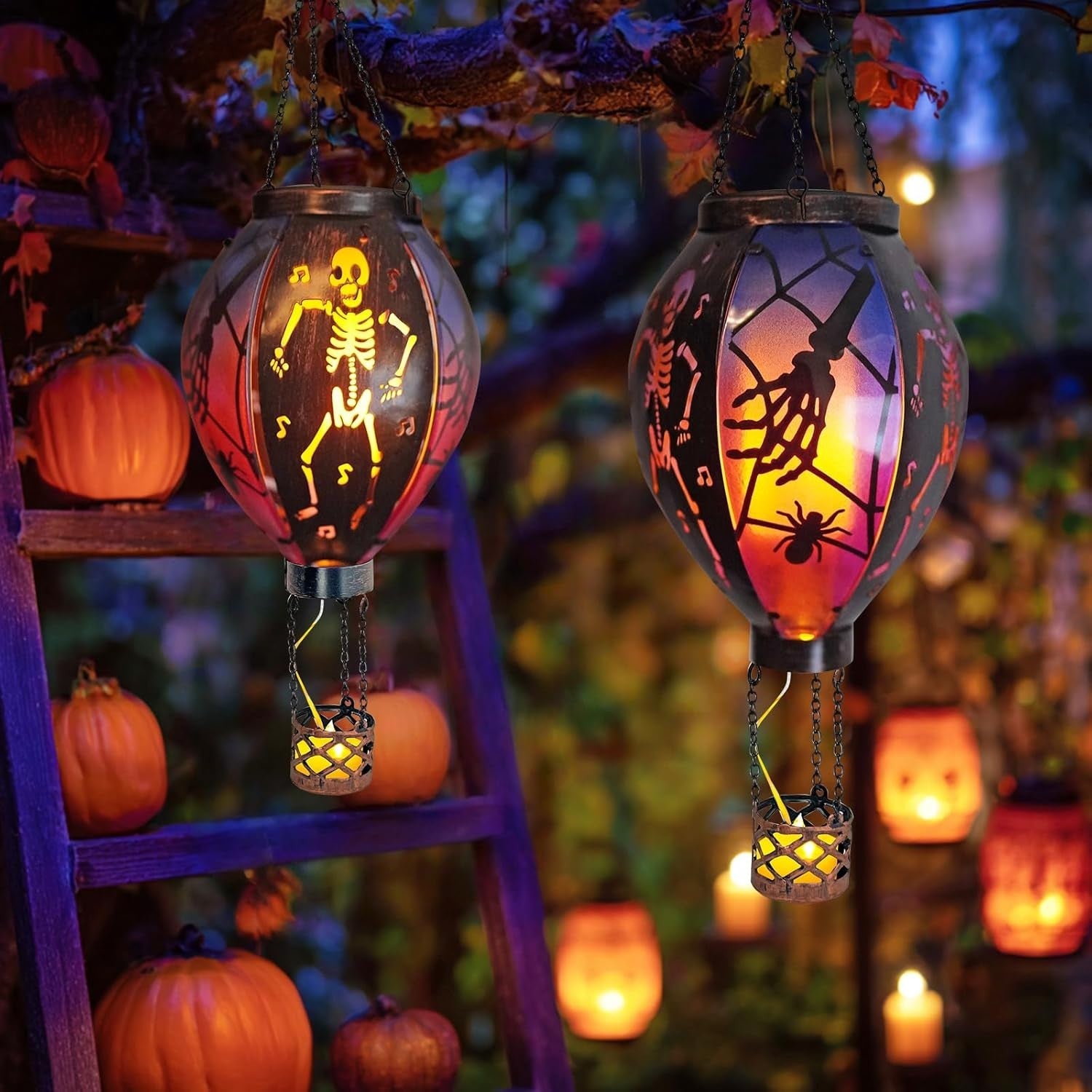Halloween Hot Air Balloon Solar Lantern Skull LED Hanging Outdoor Garden Decor