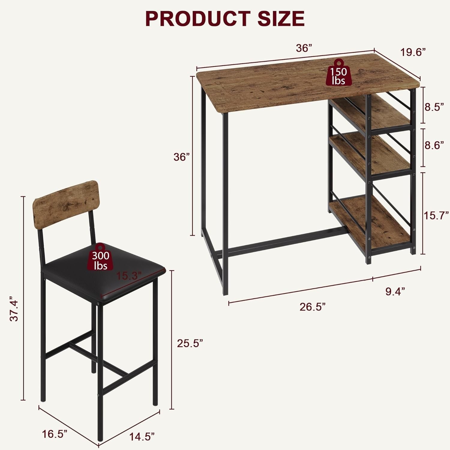 3 Pieces Bar Table Set 2 Upholstered Stools & Storage Shelves High Dining Brown