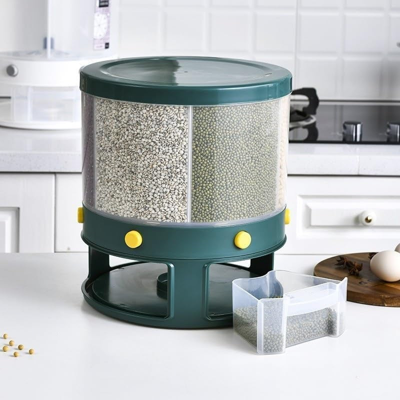 10KG 360° Rotating Rice Dispenser 6 Grid Grain Storage Container