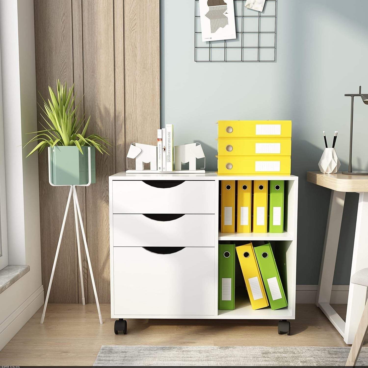 Large Rolling Lateral File Cabinet 3 Drawer Open Shelf Printer Stand