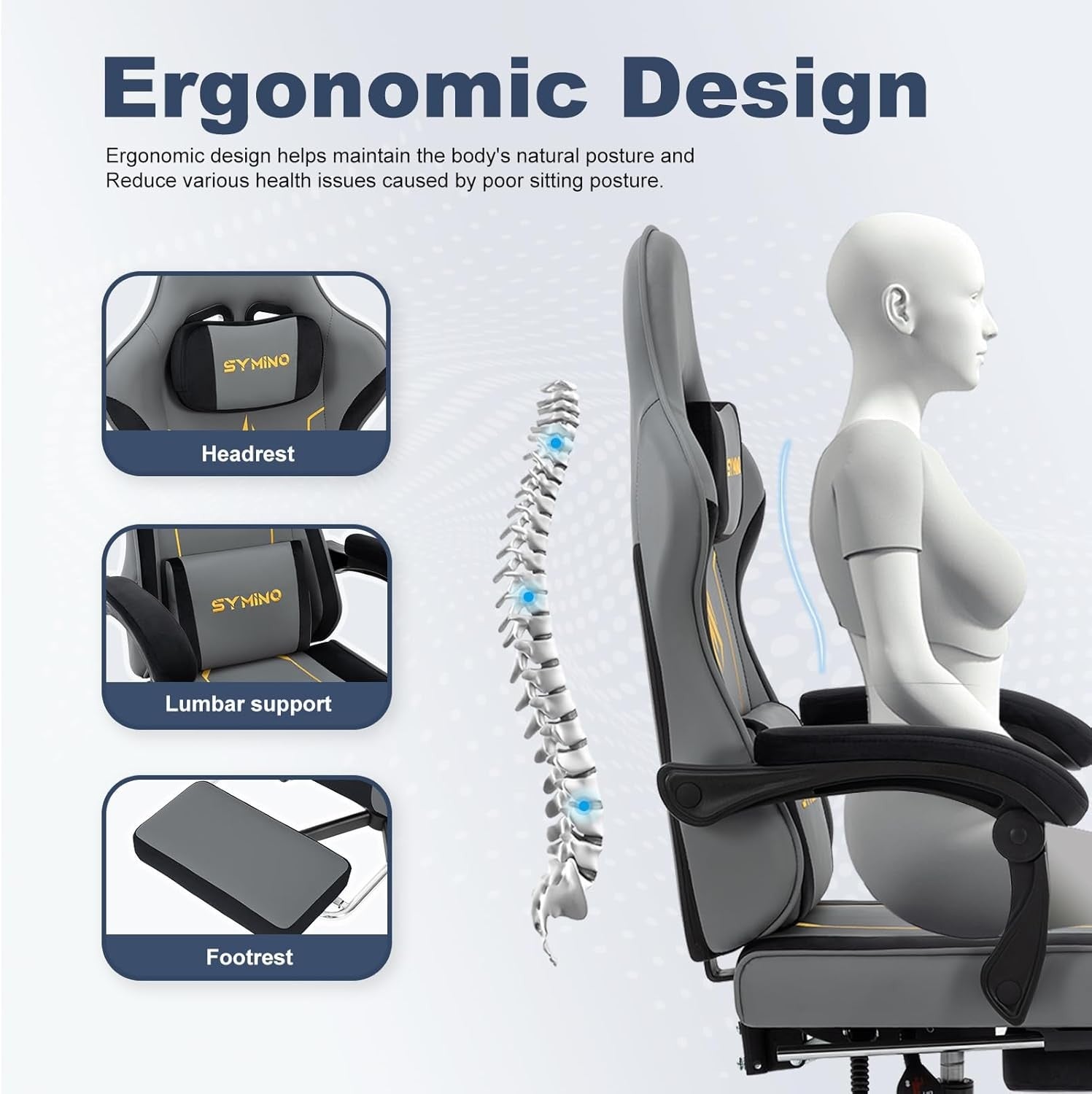 Ergonomic Gaming Chair Recliner Footrest Lumbar PU Leather Grey