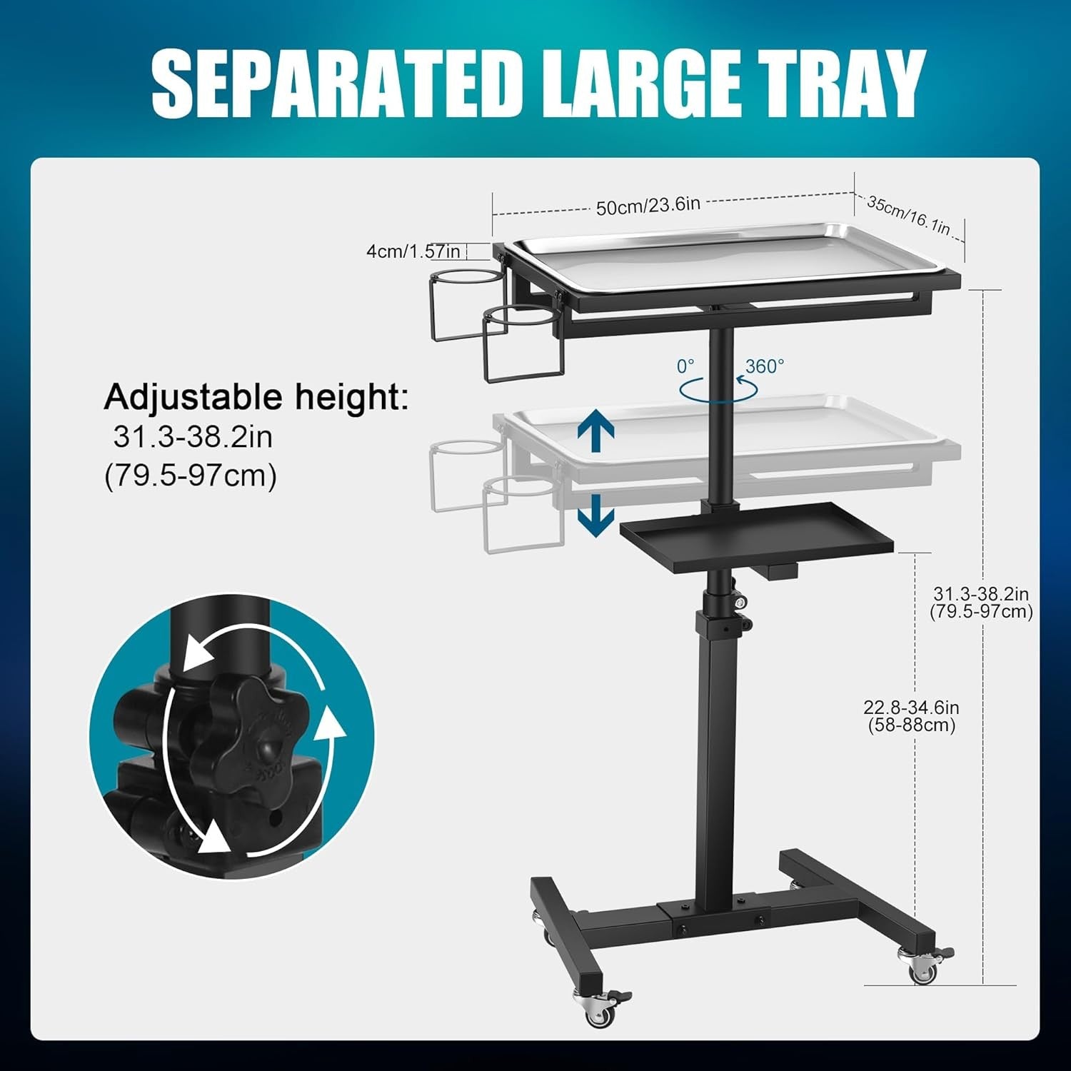 Adjustable Tattoo Tray on Wheels Stainless Steel Rolling Workstation