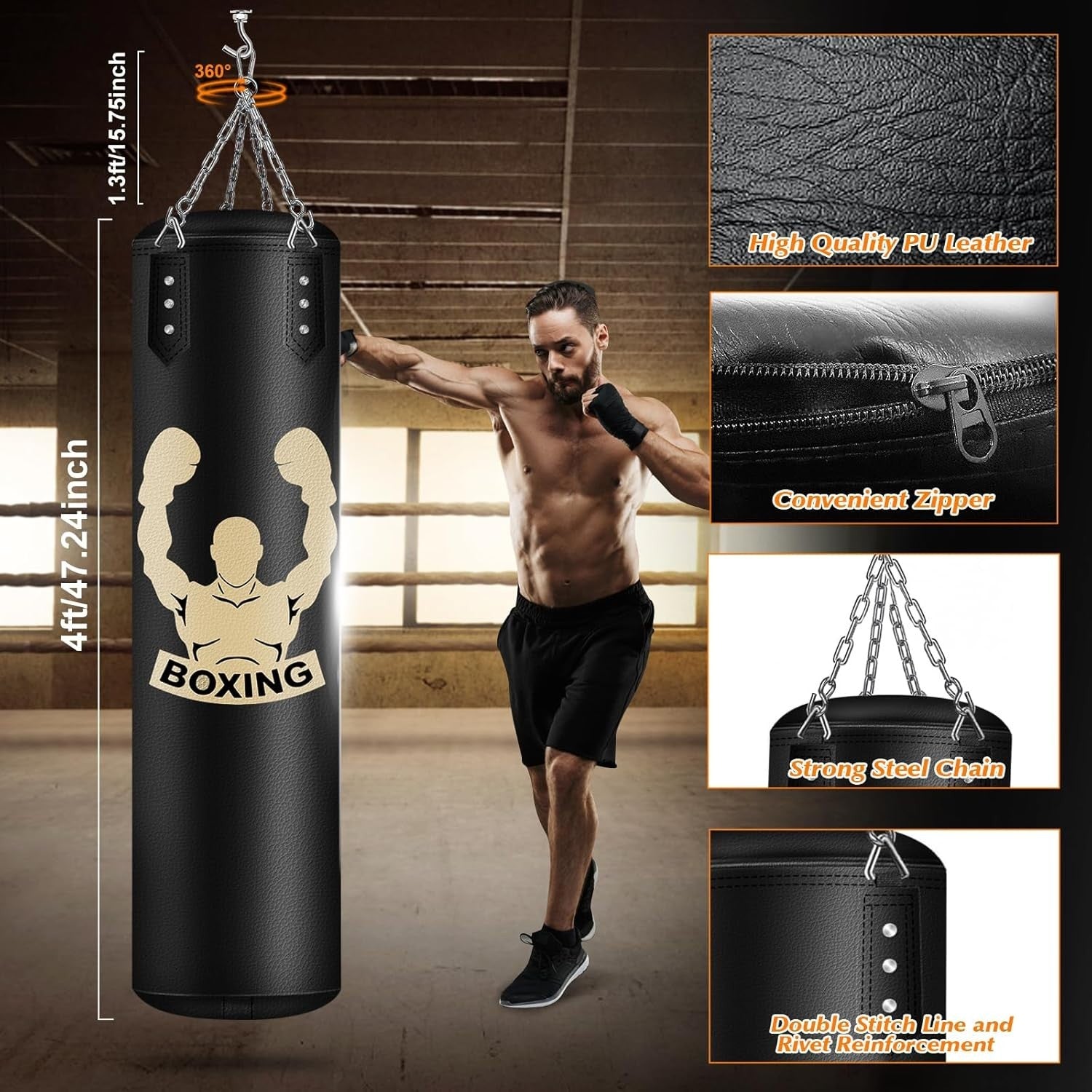 4ft Boxing Punch Bag Unfilled Adult Training Kit Gloves Reflex Ball