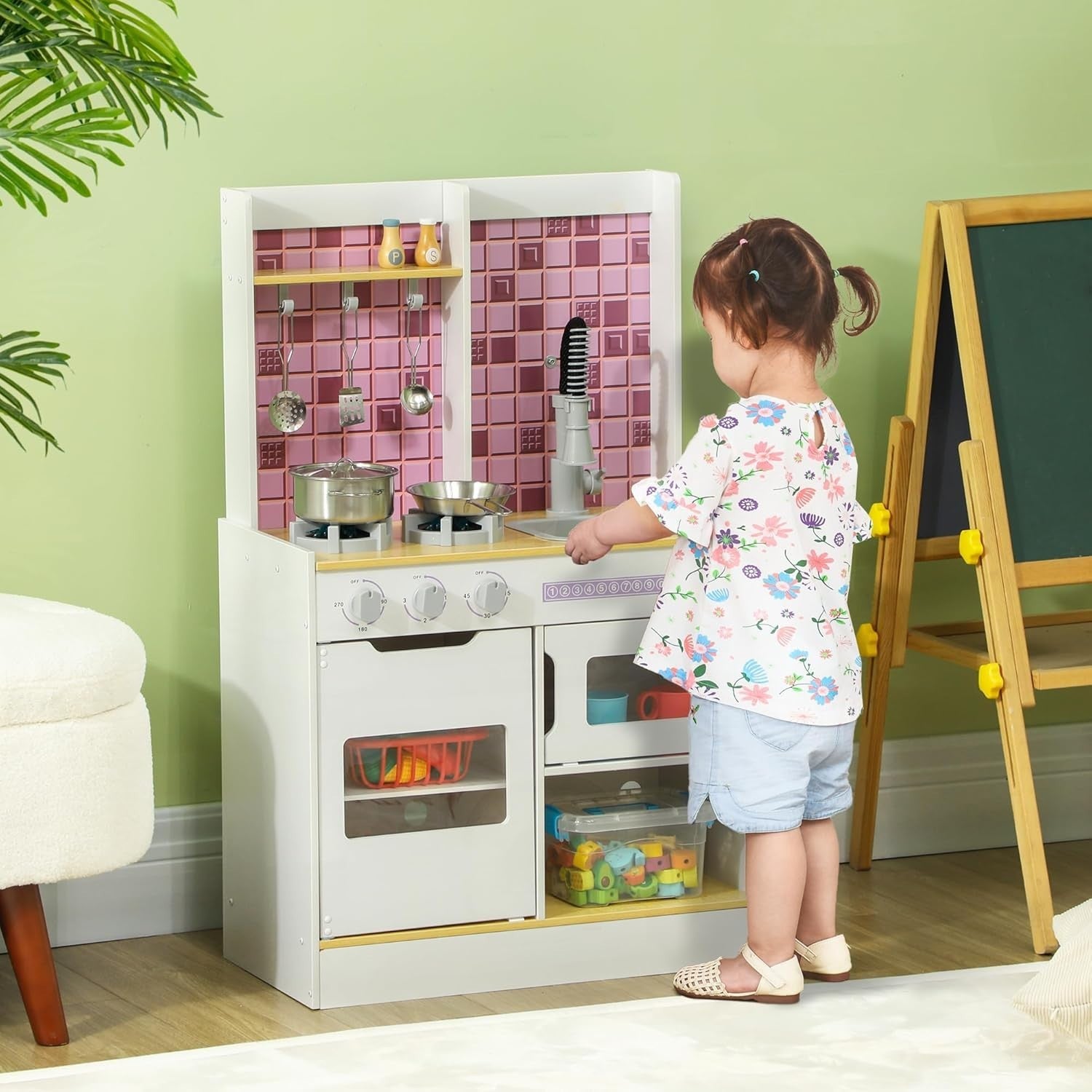 Kids Wooden Play Kitchen w/ Lights Sounds Oven Sink White Toy