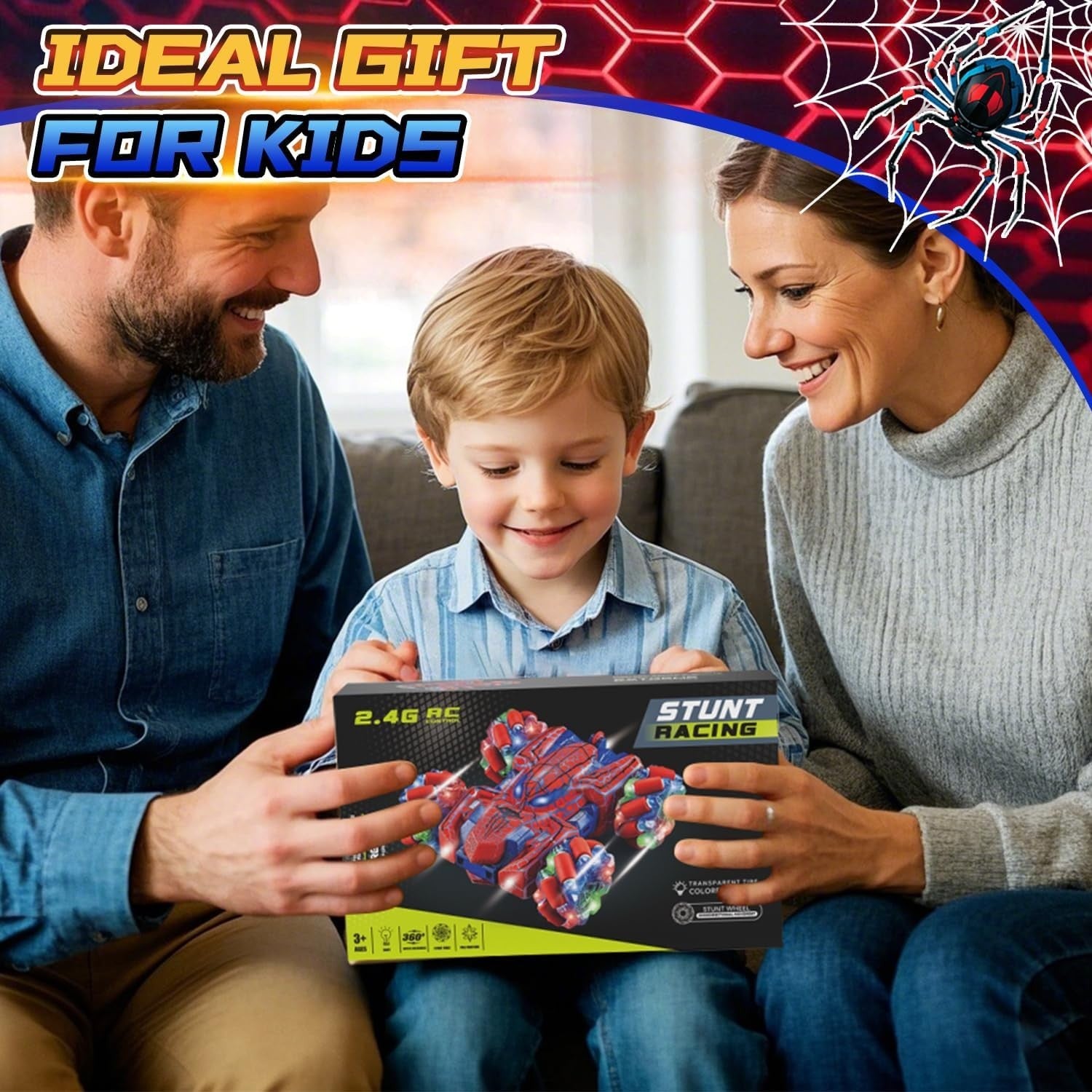 Spider Gesture RC Car for Kids 4–12, 4WD Double-Sided Stunt Car w/ Full-Body LED