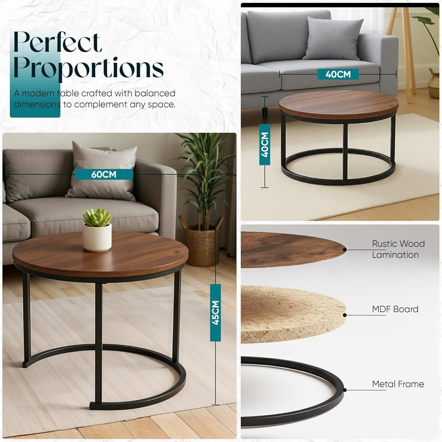 Round Wood Nesting Coffee Tables Set of 2, Stackable Side End Accent Table Brown
