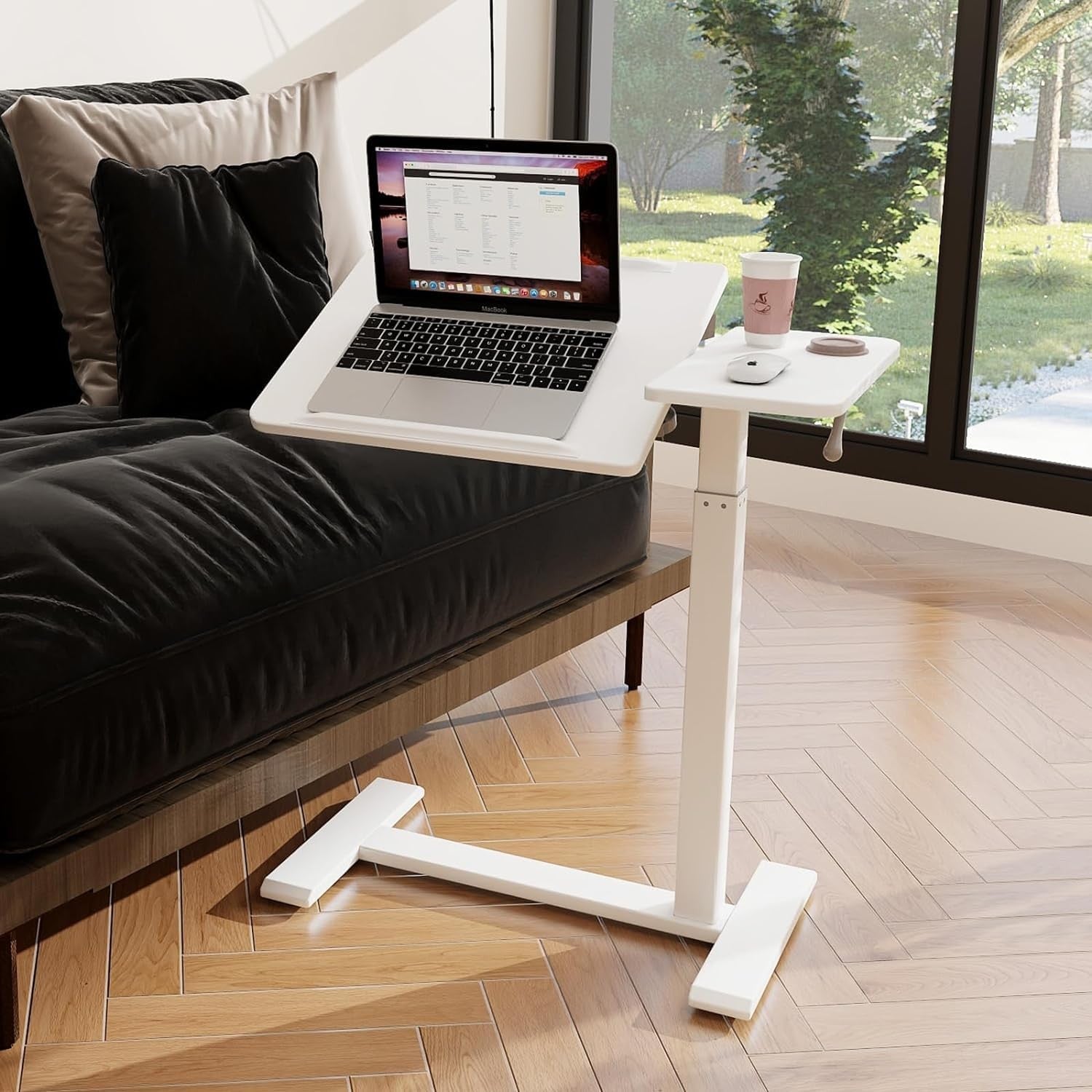 Adjustable Overbed Table with Wheels Split Top Laptop Desk Pneumatic